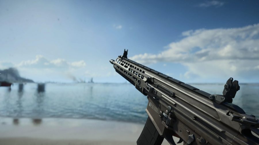 Best M5A3 Battlefield 2042 loadout: An M5A3 held up with a backdrop of the ocean