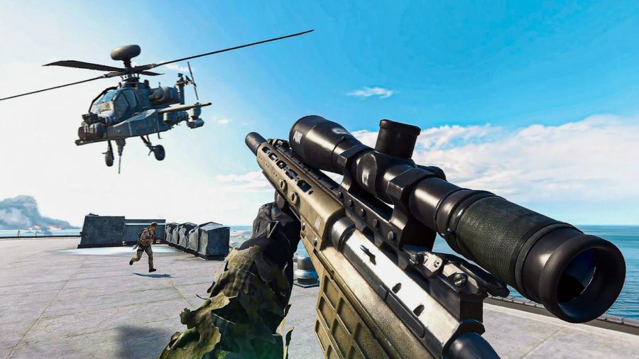 Best SWS-10 Battlefield 2042 loadout: A SWS-10 sniper rifle shown off while a helicopter flies in the foreground