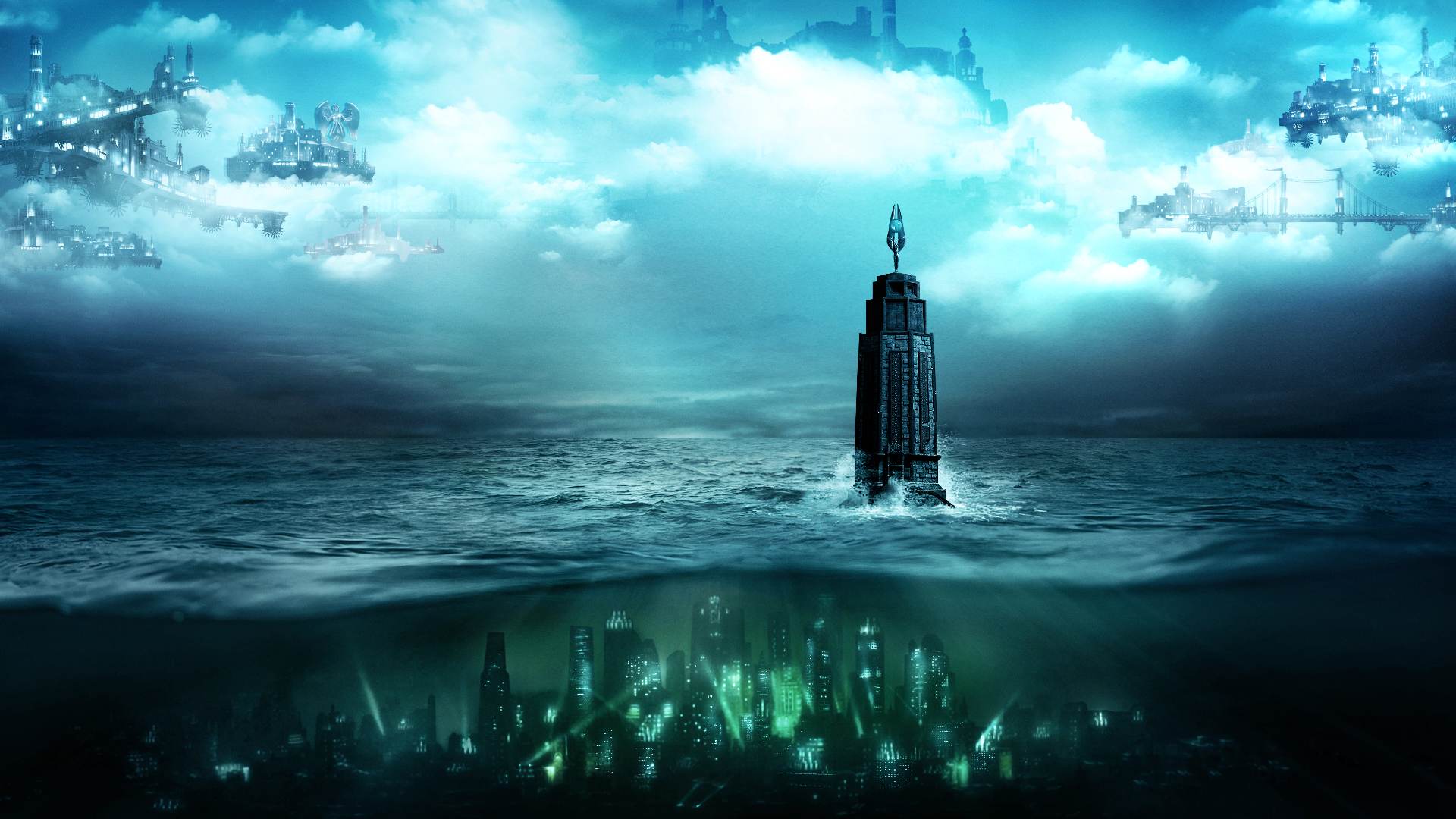 Bioshock Isolation: A lighthouse can be seen with Colombia and Rapture above and below it.