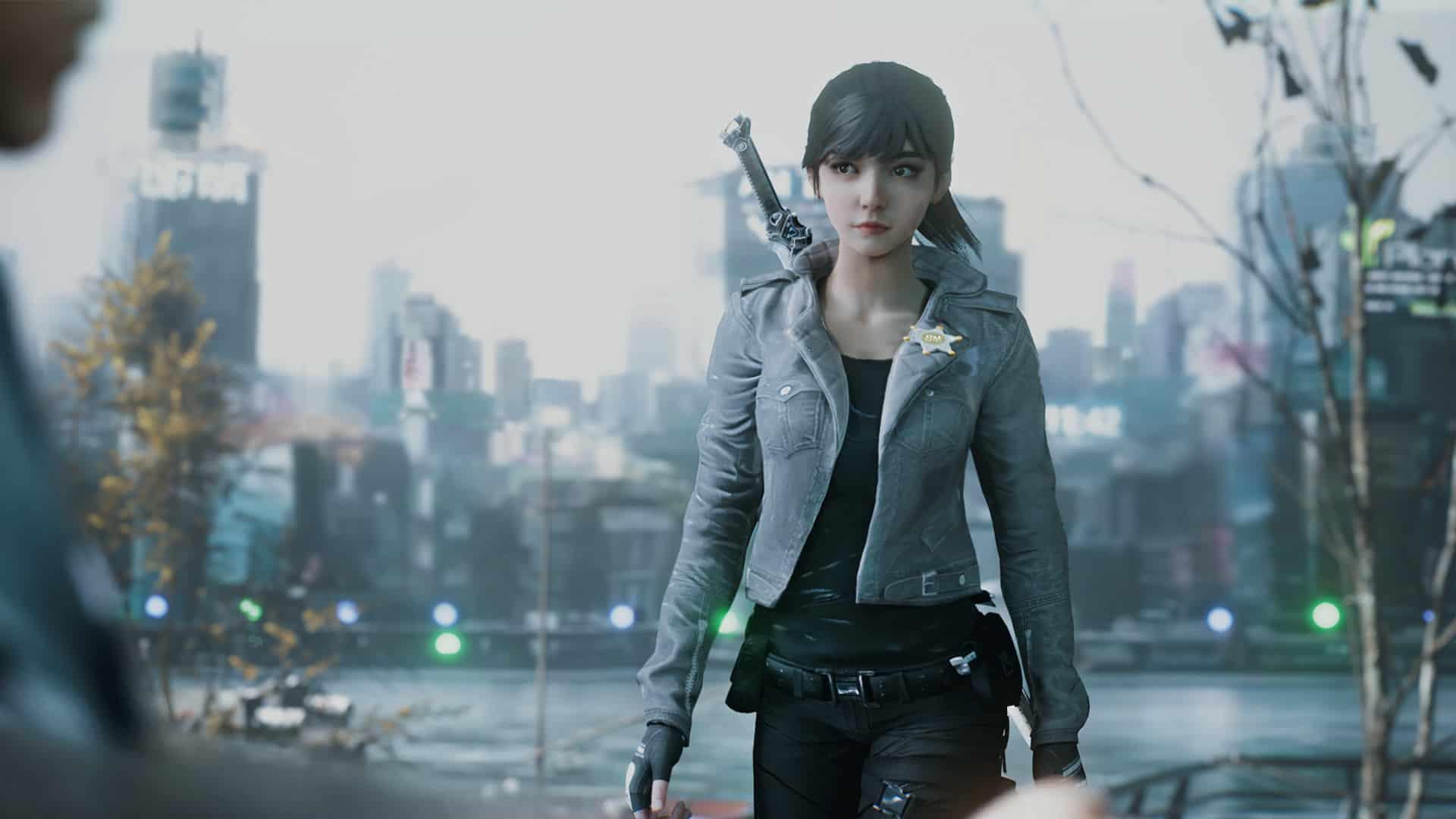Bright Memory Infinite: Shelia can be seen walking towards the camera with a skyscraper cityscape behind her.