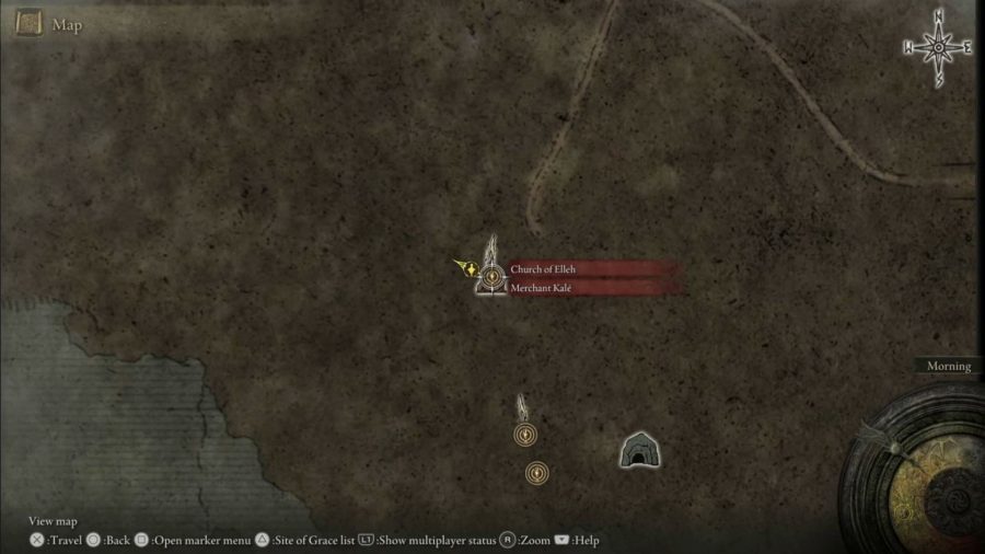 Elden Ring How To Unlock Crafting: the map showing the Church of Elleh, which is where the Crafting Kit can be bought.