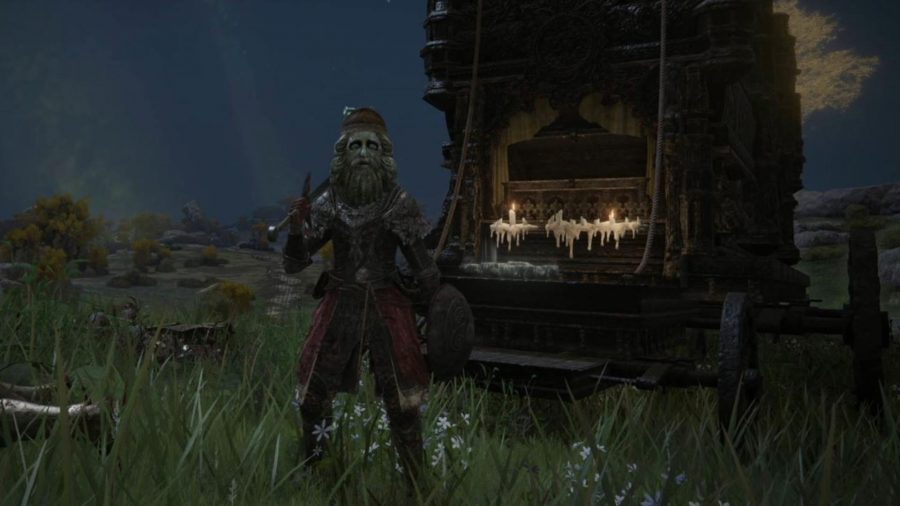 Elden Ring How To Unlock Crafting: the player can be seen standing in front of a cart with an item in it.