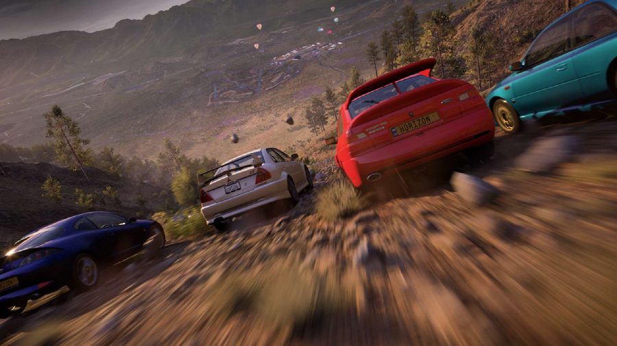 Forza Horizon 5 How To Get Eliminations in The Eliminator: multiple cars can be seen racing down a hillside.