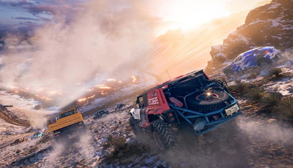 Forza Horizon 5 player climb top of volcano: Three cars can be seen racing to the Volcano's caldera
