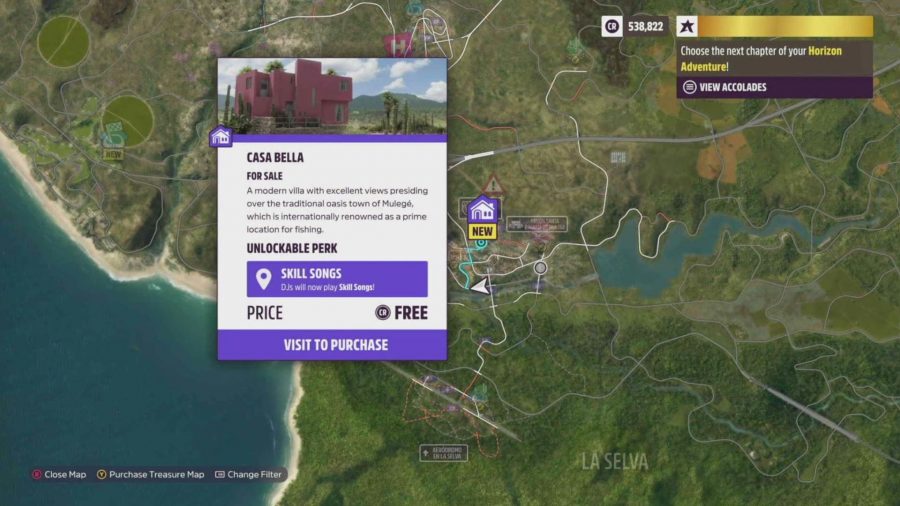 Forza Horizon 5 Player Houses: The map showing the location of the Casa Bella house