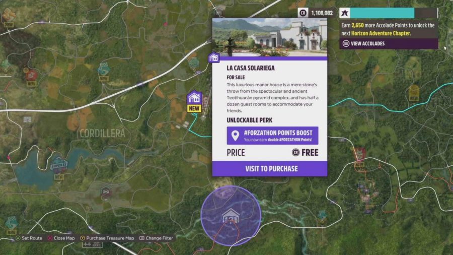 Forza Horizon 5 Player Houses: The map showing the location of the La Casa Solariega house