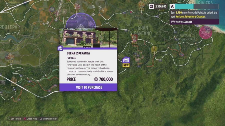 Forza Horizon 5 Player Houses: The map showing the location of the Buena Esperanza player house