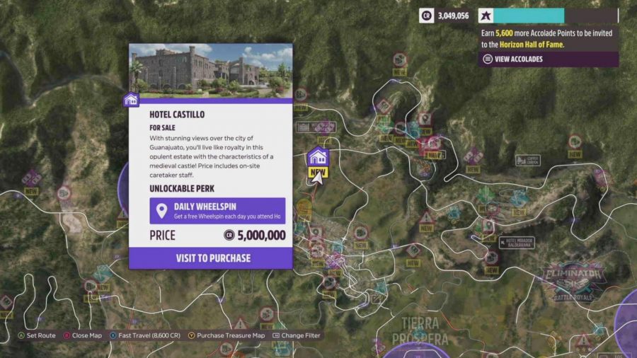 Forza Horizon 5 Player Houses: The map showing the location of the Hotel Castillo Player House