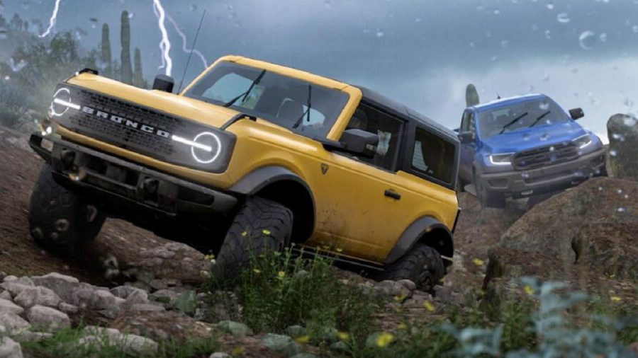 Forza Horizon 5 Series 1 Autumn: A Ford Bronco drives over rough terrain. A bolt of lightning flashes in the sky behind it
