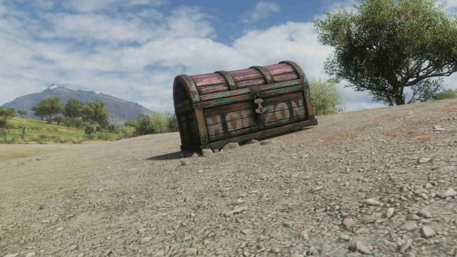 Forza Horizon 5 Treasure Chests: A Treasure chest can be seen sitting on the ground
