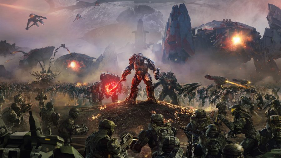 Halo games in order: Halo Wars 2 art showing the Banished warmaster Axiom on a hill surrounded by Spartans