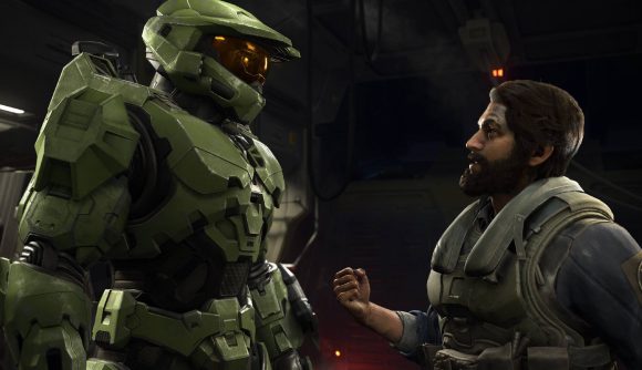 Masterchief and the pilot can be seen talking to one another in a ship.