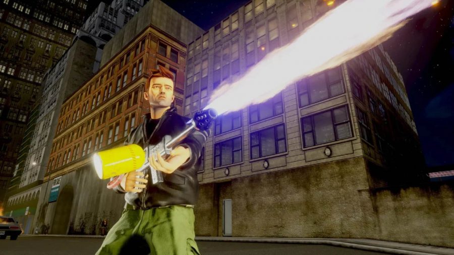 PS Now December 2021 free games: Claude can be seen using a flamethrower in a city street.