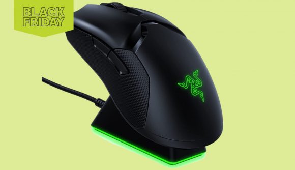 A Razer Viper Ultimate gaming mouse on a coloured background.