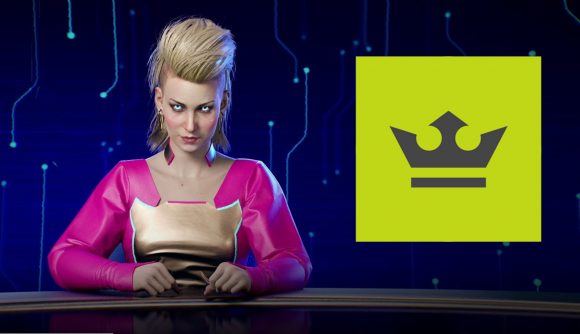 A cyberpunk 2077 news anchor with The Loadout logo on the screen behind her
