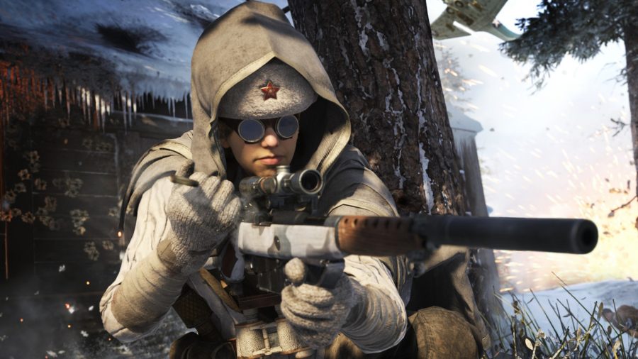 Vanguard ranks: A female operator with a reloads a bolt action sniper rifle. She's wearing a white Soviet military uniform