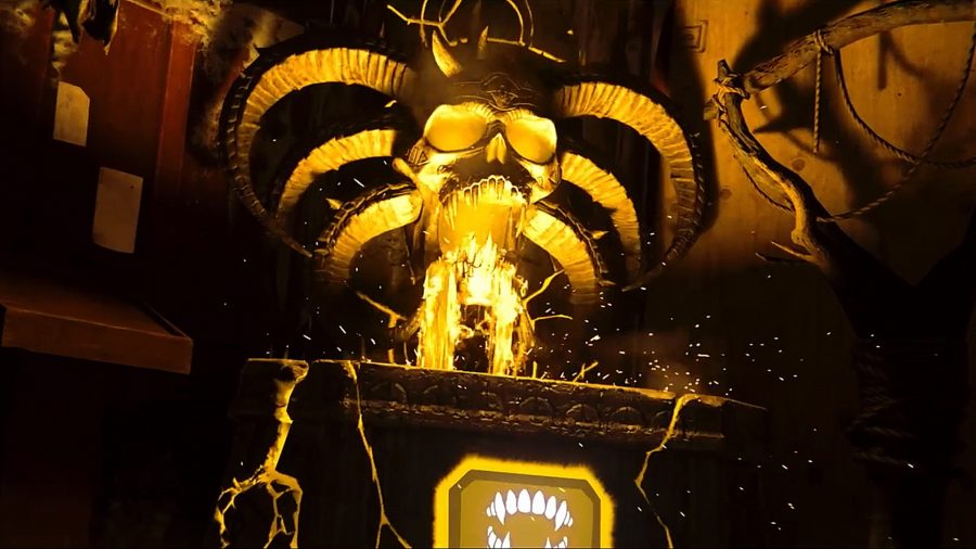 Vanguard Zombies perks: A fountain pouring out yellow glowing liquid and adorned with a skull in Vanguard Zombies mode