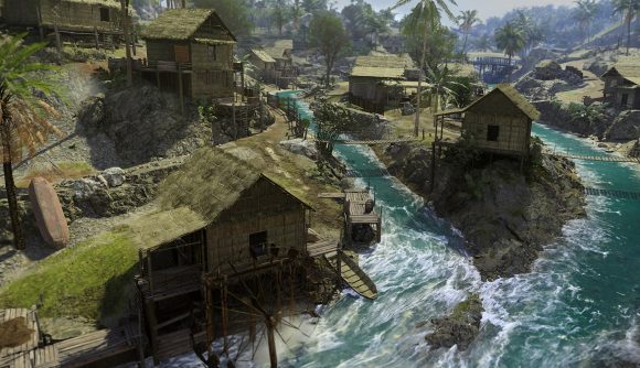 Warzone Pacific map POIs: A shot of a riverside village in the new Warzone map Caldera