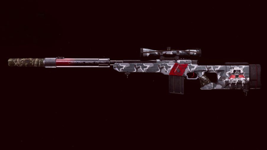 Warzone Tundra class: A red and grey sniper rifle set against a black background