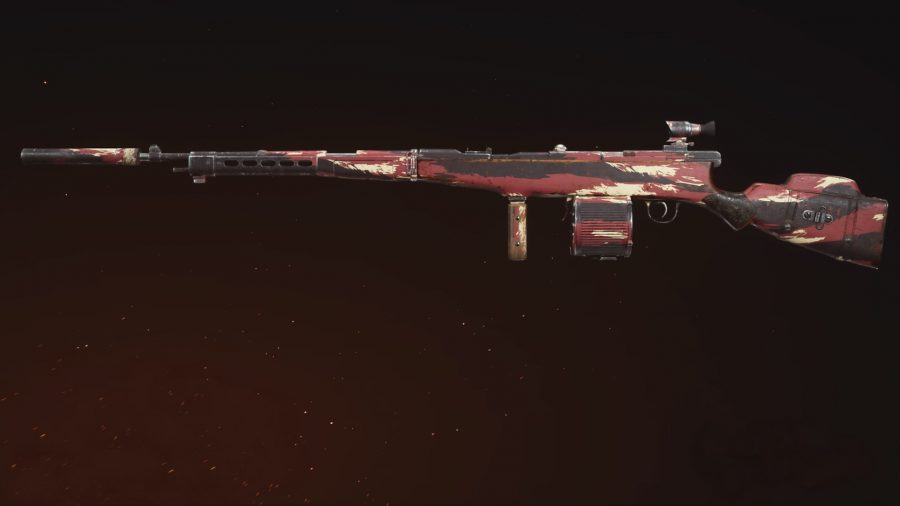 Automaton Warzone loadout: an Automaton assault rifle painted in a red tiger print camo, set against a black background