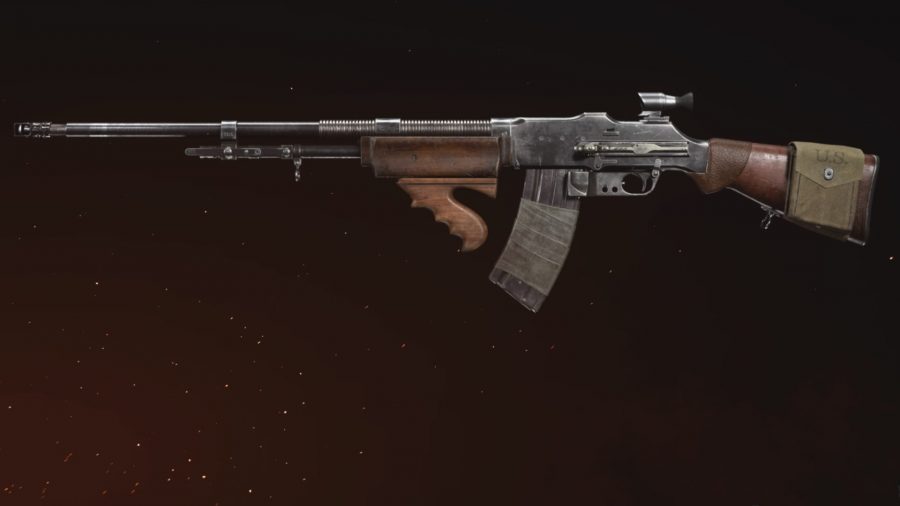 BAR Warzone loadout: A WW2 assault rifle, made of both wood and metal, set against a black background