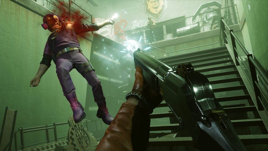 Deathloop GOTY 2021: Colt can be seen shooting someone with a shotgun on a staircase.