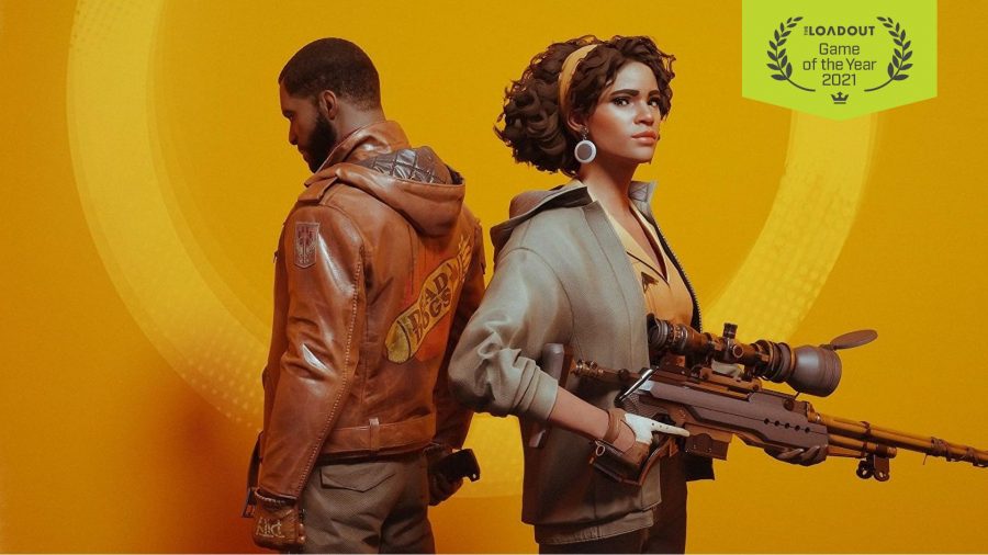 Deathloop GOTY 2021: Juliana and Colt stand next to each with backs to one another.