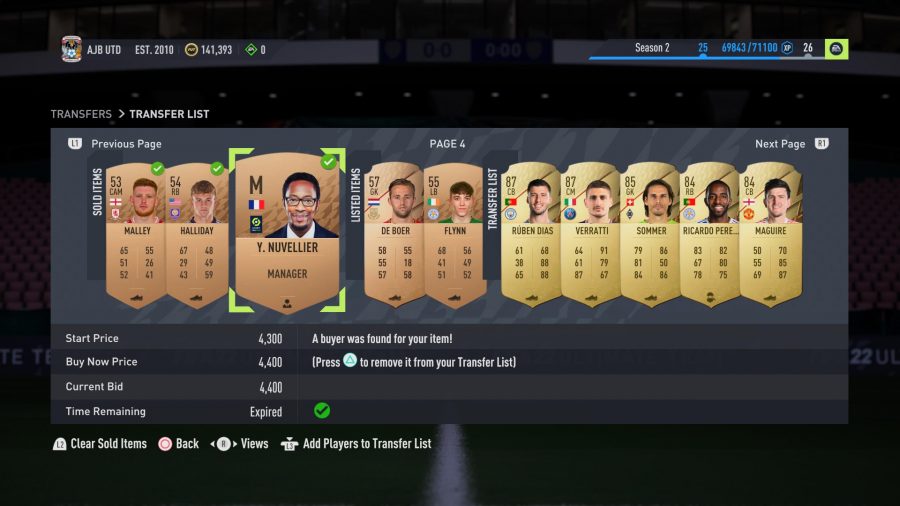 FIFA 22 Bronze PAck Methid: A transfer list showing sold and for sale players