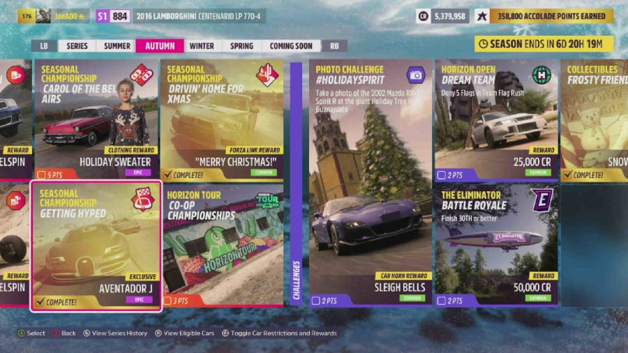 Forza Horizon 5 Getting Hyped: the menu showing the Getting Hyped event in the menu.