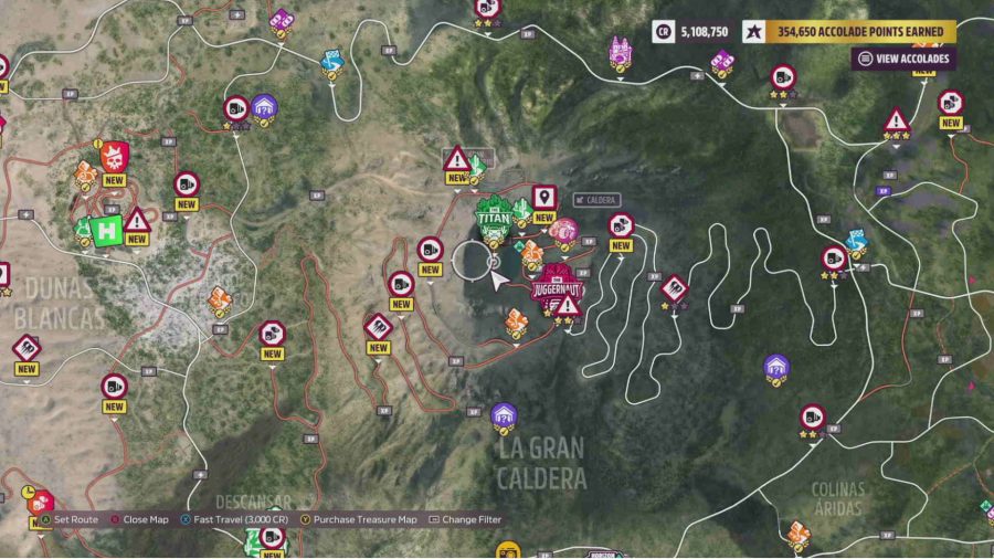 Forza Horizon 5 Snowmen Location: The map showing the snowmen locations at La Gran Caldera can be seen.