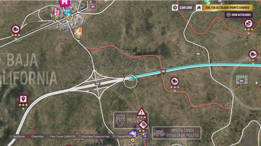Forza Horizon 5 Ultimate Speed Skills: The map showing the long stretch of road in South Mexico which can be used to earn Ultimate Speed skills.