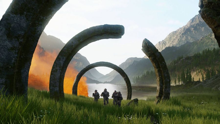 Halo Infinite review: a group of UNSC marines walking through ancient rings