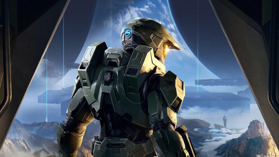 Halo Infinite walkthrough: Master Chief can be seen standing with the Zeta Halo Ring behind him in a piece of art.