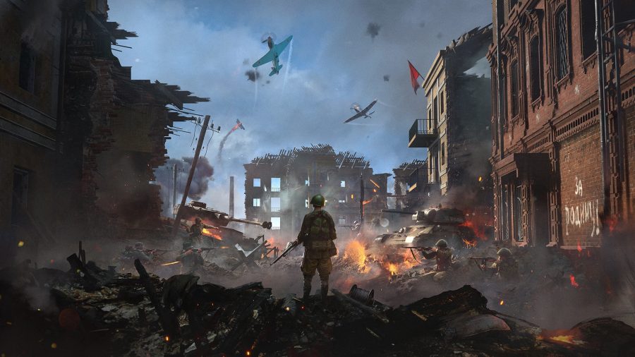 Hell Let Loose 2021: A soldier stands in the ruins of a building while planes fly above