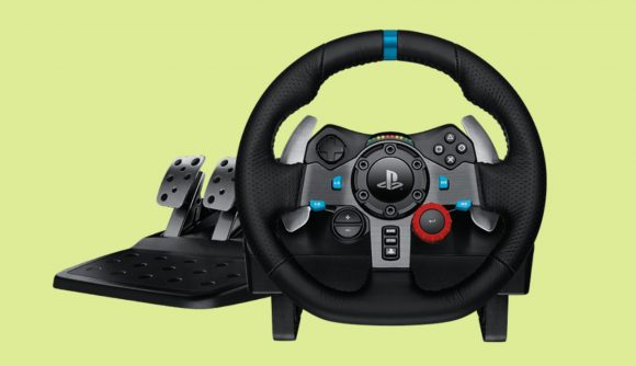 A Logitech G29 racing wheel and pedal set for the PS5, set against a light green background