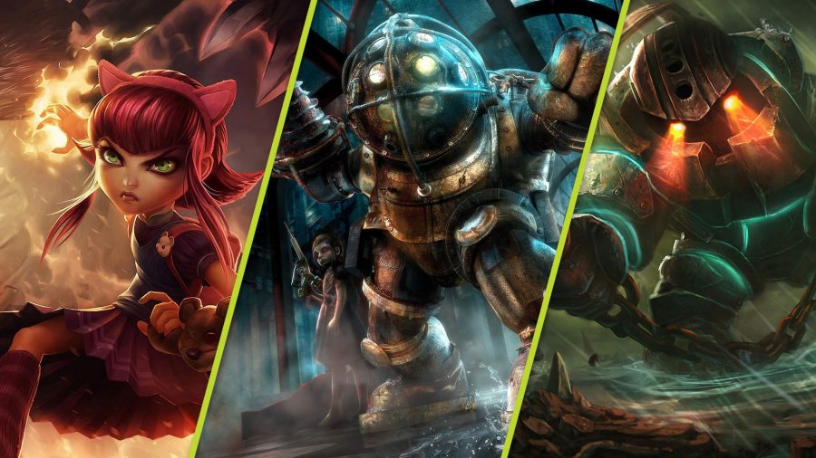 League of Legends' Annie and Nautilus next to a Big Daddy and Little Sister from Bioshock
