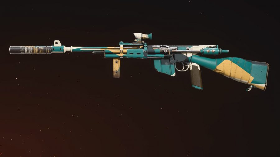 NZ-41 Warzone loadout: A WW2-era assault rifle, painted in a mint green and beige camo, set against a black background