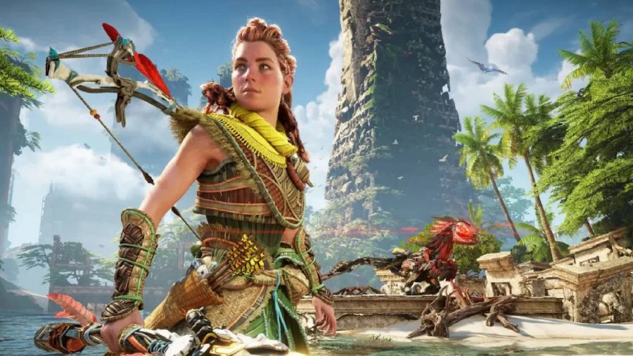 PS5 PS4 Game Pass competitor launch games: Aloy can be seen standing with a machine behind her.