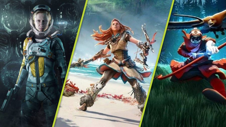 PS5 PS4 Game Pass competitor launch games: Selene, Aloy, and the Hunter from The Pathless can be seen alongside one another in their respective key art.