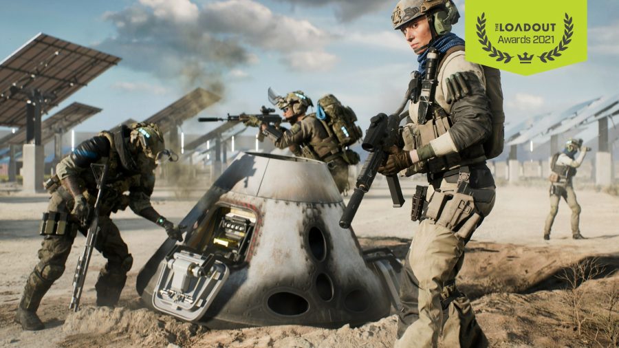 A team of soldiers in military gear surround a downed satellite in Battlefield 2042