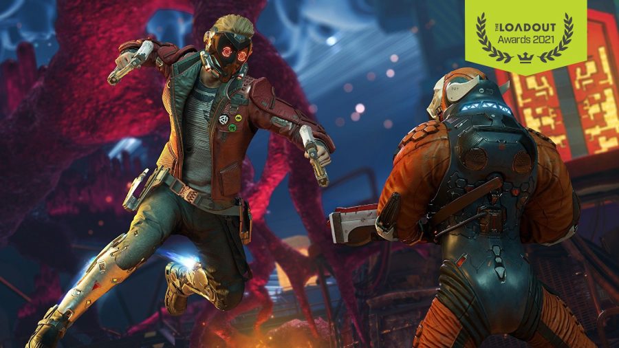 StarLord flies through the air towards an enemy with balsters in both hands in Marvel's Guardians of the Galaxy
