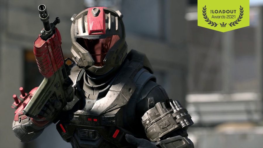 A spartan in black and red armour in Halo Infinite