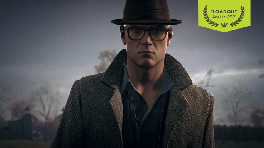 A shot of Agent 47 from Hitman 3, wearing a tweed jacket, glasses, and a bowler hat