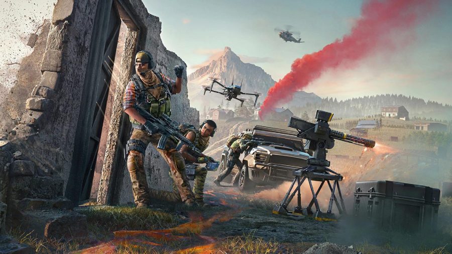 Tom Clancy Games: A soldier can be seen taking cover behind a wall, with helicopters above them and a turret firing at enemies off-screen.