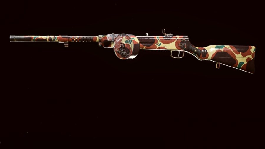 Type 100 Warzone loadout: A Type 100 SMG, painted in a cream and brown camo, set against a black background