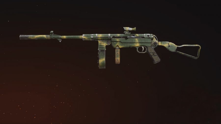 Warzone MP40 loadout: An MP40 SMG, painted in military green camo, set against a black background