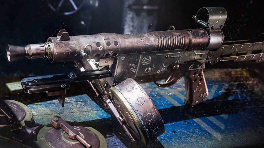 Warzone Welgun unlock: A rusty WW2 submachine gun sits on a blue crate