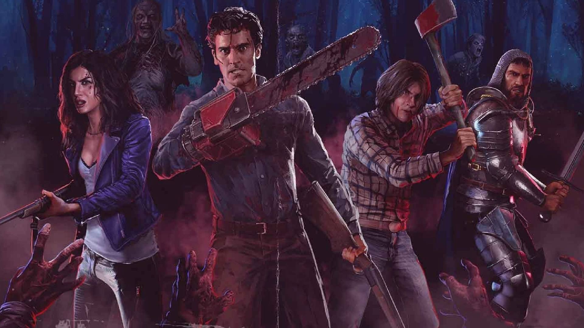 Xbox Game Pass 2022 day one launches: Ash Williams, Scotty, Kelley, and Lord Arthur can be seen fighting zombies with various weapons.