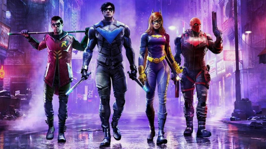 Xbox Game Pass 2022 day one launches: Nightwing, Robin, Batgirl, and Red Hood can be seen walking towards the camera.