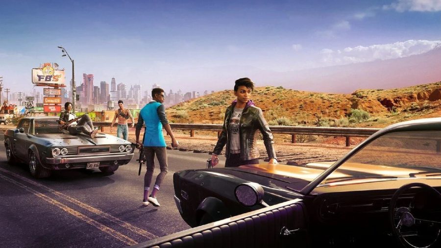 Xbox Game Pass 2022 day one launches: The new Saints can be seen standing on a highway around their parked cars.